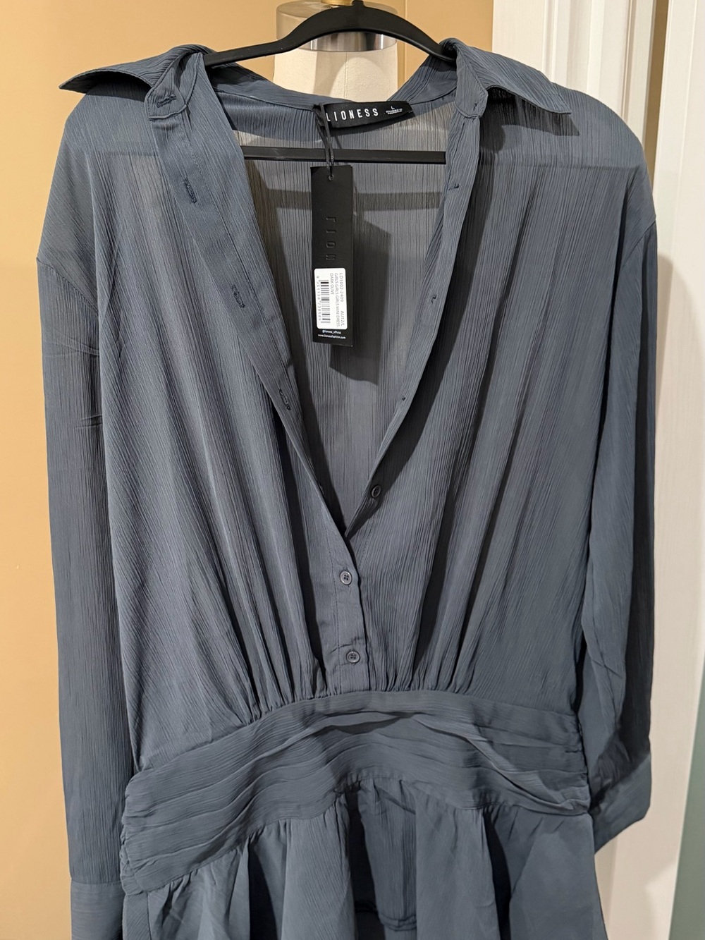 Lioness Slate Grey Plissé Button-Down Blouse